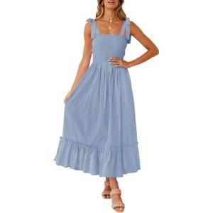 image:imageZESICA Womens 2026 Summer Boho Spaghetti Strap Square Neck Solid Color Ruffle A Line Beach Long Maxi DressBlue
