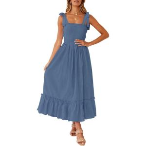 image:imageZESICA Womens 2026 Summer Boho Spaghetti Strap Square Neck Solid Color Ruffle A Line Beach Long Maxi DressDustyblue