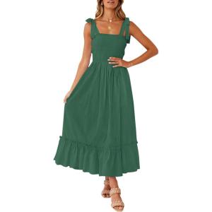image:imageZESICA Womens 2026 Summer Boho Spaghetti Strap Square Neck Solid Color Ruffle A Line Beach Long Maxi DressForestgreen