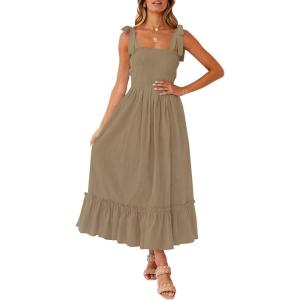 image:imageZESICA Womens 2026 Summer Boho Spaghetti Strap Square Neck Solid Color Ruffle A Line Beach Long Maxi DressKhaki