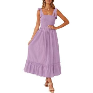 image:imageZESICA Womens 2026 Summer Boho Spaghetti Strap Square Neck Solid Color Ruffle A Line Beach Long Maxi DressLavender