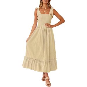 image:imageZESICA Womens 2026 Summer Boho Spaghetti Strap Square Neck Solid Color Ruffle A Line Beach Long Maxi DressLightyellow