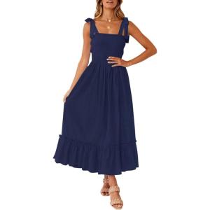 image:imageZESICA Womens 2026 Summer Boho Spaghetti Strap Square Neck Solid Color Ruffle A Line Beach Long Maxi DressNavy