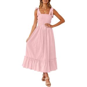 image:imageZESICA Womens 2026 Summer Boho Spaghetti Strap Square Neck Solid Color Ruffle A Line Beach Long Maxi DressPink