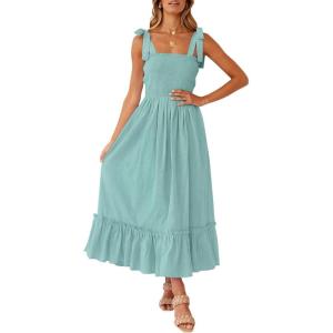 image:imageZESICA Womens 2026 Summer Boho Spaghetti Strap Square Neck Solid Color Ruffle A Line Beach Long Maxi DressSage