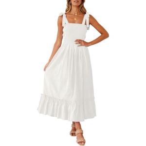 image:imageZESICA Womens 2026 Summer Boho Spaghetti Strap Square Neck Solid Color Ruffle A Line Beach Long Maxi DressWhite