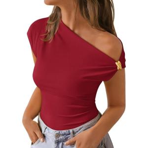 image:imageZESICA Womens 2026 Summer Off Shoulder Tops Going Out Sexy Y2k Shirts Spring Cap Sleeve Ruched Asymmetrical BlousesBurgundy
