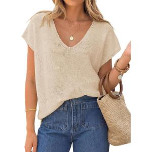 image:imageZESICA Summer Short Sleeve Sweater for Women 2026 Casual V Neck Oversized Sweater Vest Lightweight Knit Pullover TopsApricot