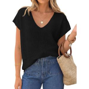 image:imageZESICA Summer Short Sleeve Sweater for Women 2026 Casual V Neck Oversized Sweater Vest Lightweight Knit Pullover TopsBlack