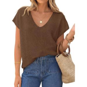image:imageZESICA Summer Short Sleeve Sweater for Women 2026 Casual V Neck Oversized Sweater Vest Lightweight Knit Pullover TopsBrown