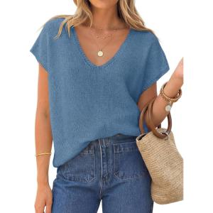 image:imageZESICA Summer Short Sleeve Sweater for Women 2026 Casual V Neck Oversized Sweater Vest Lightweight Knit Pullover TopsDustyblue