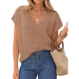 image:imageZESICA Summer Short Sleeve Sweater for Women 2026 Casual V Neck Oversized Sweater Vest Lightweight Knit Pullover TopsKhaki