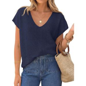 image:imageZESICA Summer Short Sleeve Sweater for Women 2026 Casual V Neck Oversized Sweater Vest Lightweight Knit Pullover TopsNavy