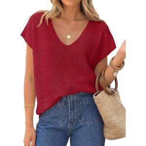 image:imageZESICA Summer Short Sleeve Sweater for Women 2026 Casual V Neck Oversized Sweater Vest Lightweight Knit Pullover TopsRed