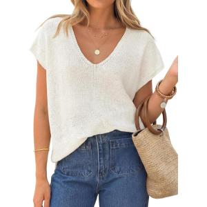 image:imageZESICA Summer Short Sleeve Sweater for Women 2026 Casual V Neck Oversized Sweater Vest Lightweight Knit Pullover TopsWhite