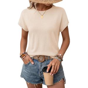 image:imageZESICA Womens Summer Wool Blend Short Sleeve Sweater Top 2026 Business Casual Lightweight Trendy Tank TopsApricot
