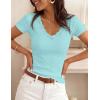 image:imageZESICA Womens Summer 2026 Short Sleeve Lace V Neck Tops Fitted Ribbed Knit Casual Basic T Shirts Y2k Going Out Work BlousesAqua Blue