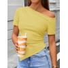 image:imageZESICA Womens Summer Off The Shoulder Going Out Tops 2026 Short Sleeve Asymmetrical Ruched Fitted Shirts Trendy Y2K TopBudsyellow