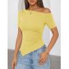 image:imageZESICA Womens Summer Off The Shoulder Going Out Tops 2026 Short Sleeve Asymmetrical Ruched Fitted Shirts Trendy Y2K TopBudsyellow