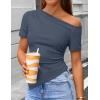 image:imageZESICA Womens Summer Off The Shoulder Going Out Tops 2026 Short Sleeve Asymmetrical Ruched Fitted Shirts Trendy Y2K TopDustyblue