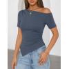 image:imageZESICA Womens Summer Off The Shoulder Going Out Tops 2026 Short Sleeve Asymmetrical Ruched Fitted Shirts Trendy Y2K TopDustyblue