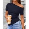 image:imageZESICA Womens Summer Off The Shoulder Going Out Tops 2026 Short Sleeve Asymmetrical Ruched Fitted Shirts Trendy Y2K TopNavy