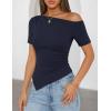 image:imageZESICA Womens Summer Off The Shoulder Going Out Tops 2026 Short Sleeve Asymmetrical Ruched Fitted Shirts Trendy Y2K TopNavy