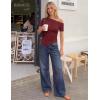 image:imageZESICA Womens Summer Off The Shoulder Going Out Tops 2026 Short Sleeve Asymmetrical Ruched Fitted Shirts Trendy Y2K TopWine