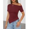 image:imageZESICA Womens Summer Off The Shoulder Going Out Tops 2026 Short Sleeve Asymmetrical Ruched Fitted Shirts Trendy Y2K TopWine