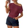 image:imageZESICA Womens Summer Off Shoulder Short Sleeve Sweater Vest 2026 Floral Knit Loose Going Out Tops Trendy Cute ClothesWine