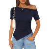 image:imageZESICA Womens Summer Off The Shoulder Going Out Tops 2026 Short Sleeve Asymmetrical Ruched Fitted Shirts Trendy Y2K TopNavy