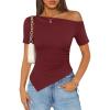image:imageZESICA Womens Summer Off The Shoulder Going Out Tops 2026 Short Sleeve Asymmetrical Ruched Fitted Shirts Trendy Y2K TopWine