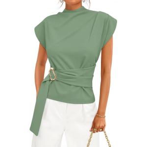 image:imageZESICA Womens 2026 Summer Cap Sleeve Blouse Mock Neck Business Casual Tops Spring Dressy Tunic Work ShirtsGreen