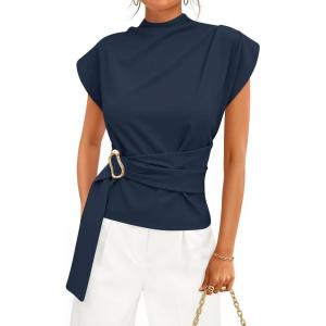 image:imageZESICA Womens 2026 Summer Cap Sleeve Blouse Mock Neck Business Casual Tops Spring Dressy Tunic Work ShirtsNavy