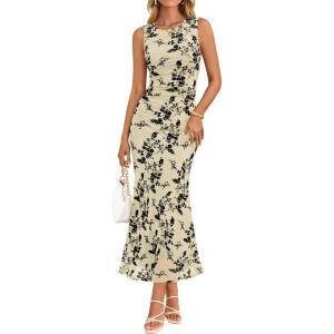 image:imageZESICA Womens Sleeveless Floral Bodycon Maxi Dress 2026 Summer Ruched Mesh Wedding Guest Cocktail Party DressesApricot