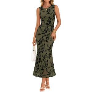 image:imageZESICA Womens Sleeveless Floral Bodycon Maxi Dress 2026 Summer Ruched Mesh Wedding Guest Cocktail Party DressesArmy