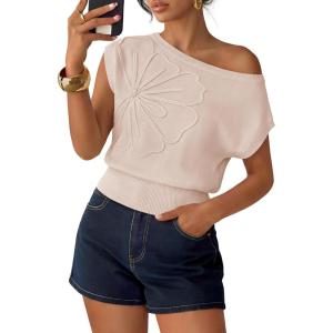 image:imageZESICA Womens Summer Off Shoulder Short Sleeve Sweater Vest 2026 Floral Knit Loose Going Out Tops Trendy Cute ClothesAlmond