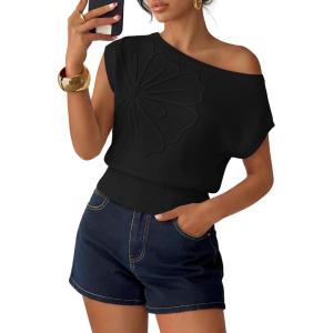 image:imageZESICA Womens Summer Off Shoulder Short Sleeve Sweater Vest 2026 Floral Knit Loose Going Out Tops Trendy Cute ClothesBlack