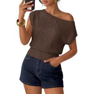 image:imageZESICA Womens Summer Off Shoulder Short Sleeve Sweater Vest 2026 Floral Knit Loose Going Out Tops Trendy Cute ClothesCoffee