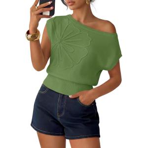 image:imageZESICA Womens Summer Off Shoulder Short Sleeve Sweater Vest 2026 Floral Knit Loose Going Out Tops Trendy Cute ClothesGreen