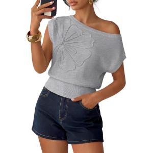 image:imageZESICA Womens Summer Off Shoulder Short Sleeve Sweater Vest 2026 Floral Knit Loose Going Out Tops Trendy Cute ClothesGrey
