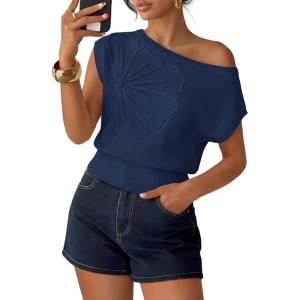 image:imageZESICA Womens Summer Off Shoulder Short Sleeve Sweater Vest 2026 Floral Knit Loose Going Out Tops Trendy Cute ClothesNavy