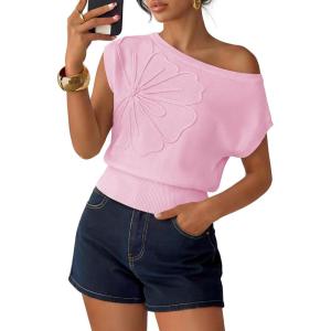 image:imageZESICA Womens Summer Off Shoulder Short Sleeve Sweater Vest 2026 Floral Knit Loose Going Out Tops Trendy Cute ClothesPink
