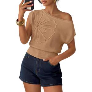 image:imageZESICA Womens Summer Off Shoulder Short Sleeve Sweater Vest 2026 Floral Knit Loose Going Out Tops Trendy Cute ClothesToffee