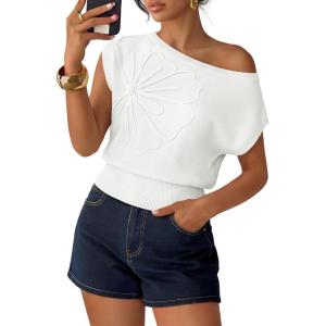 image:imageZESICA Womens Summer Off Shoulder Short Sleeve Sweater Vest 2026 Floral Knit Loose Going Out Tops Trendy Cute ClothesWhite