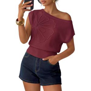 image:imageZESICA Womens Summer Off Shoulder Short Sleeve Sweater Vest 2026 Floral Knit Loose Going Out Tops Trendy Cute ClothesWine