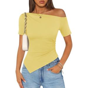 image:imageZESICA Womens Summer Off The Shoulder Going Out Tops 2026 Short Sleeve Asymmetrical Ruched Fitted Shirts Trendy Y2K TopBudsyellow