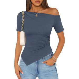 image:imageZESICA Womens Summer Off The Shoulder Going Out Tops 2026 Short Sleeve Asymmetrical Ruched Fitted Shirts Trendy Y2K TopDustyblue