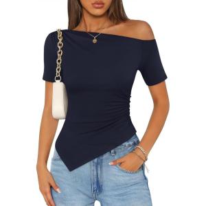 image:imageZESICA Womens Summer Off The Shoulder Going Out Tops 2026 Short Sleeve Asymmetrical Ruched Fitted Shirts Trendy Y2K TopNavy