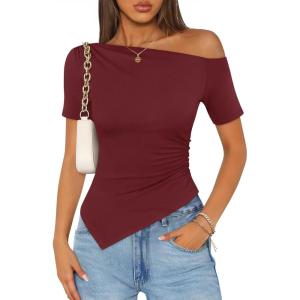 image:imageZESICA Womens Summer Off The Shoulder Going Out Tops 2026 Short Sleeve Asymmetrical Ruched Fitted Shirts Trendy Y2K TopWine